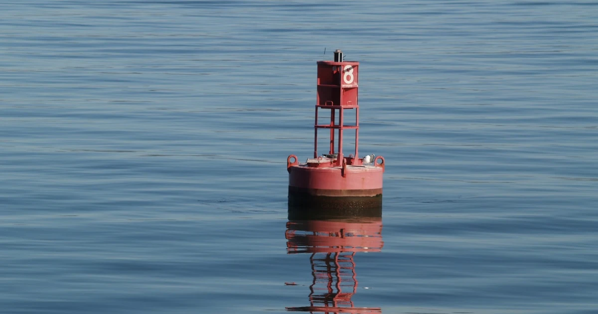 Red navigation buoy floating in calm water, illustrating the use of maritime channel markers.