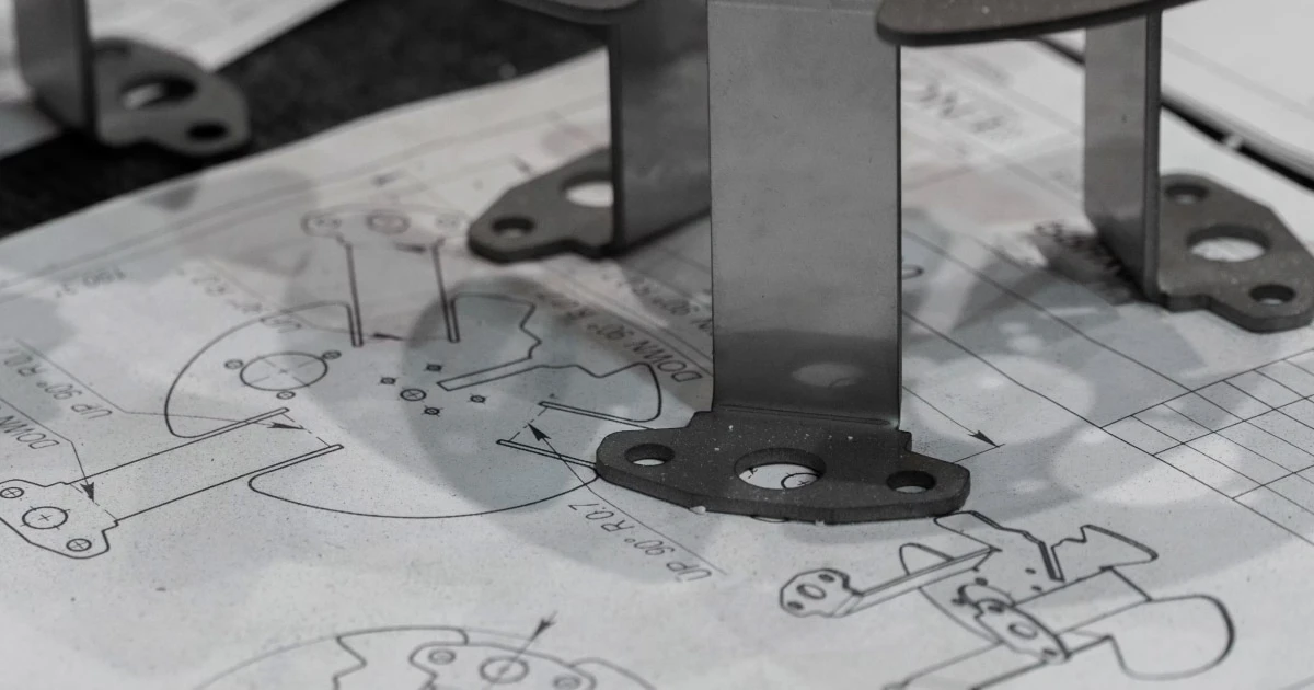 Technical sketch of a boat with a metal deck fitting in the foreground, illustrating the components of a boat.