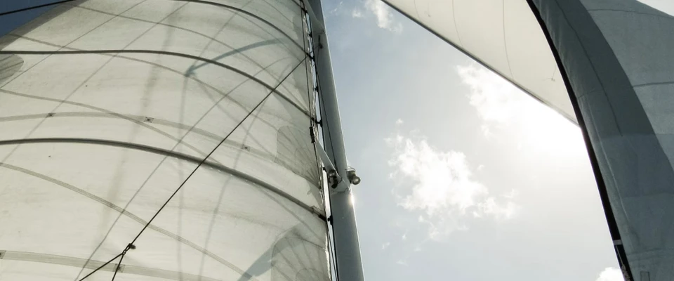 Close-up of a sail filled by the wind, with its seams and rigging visible.