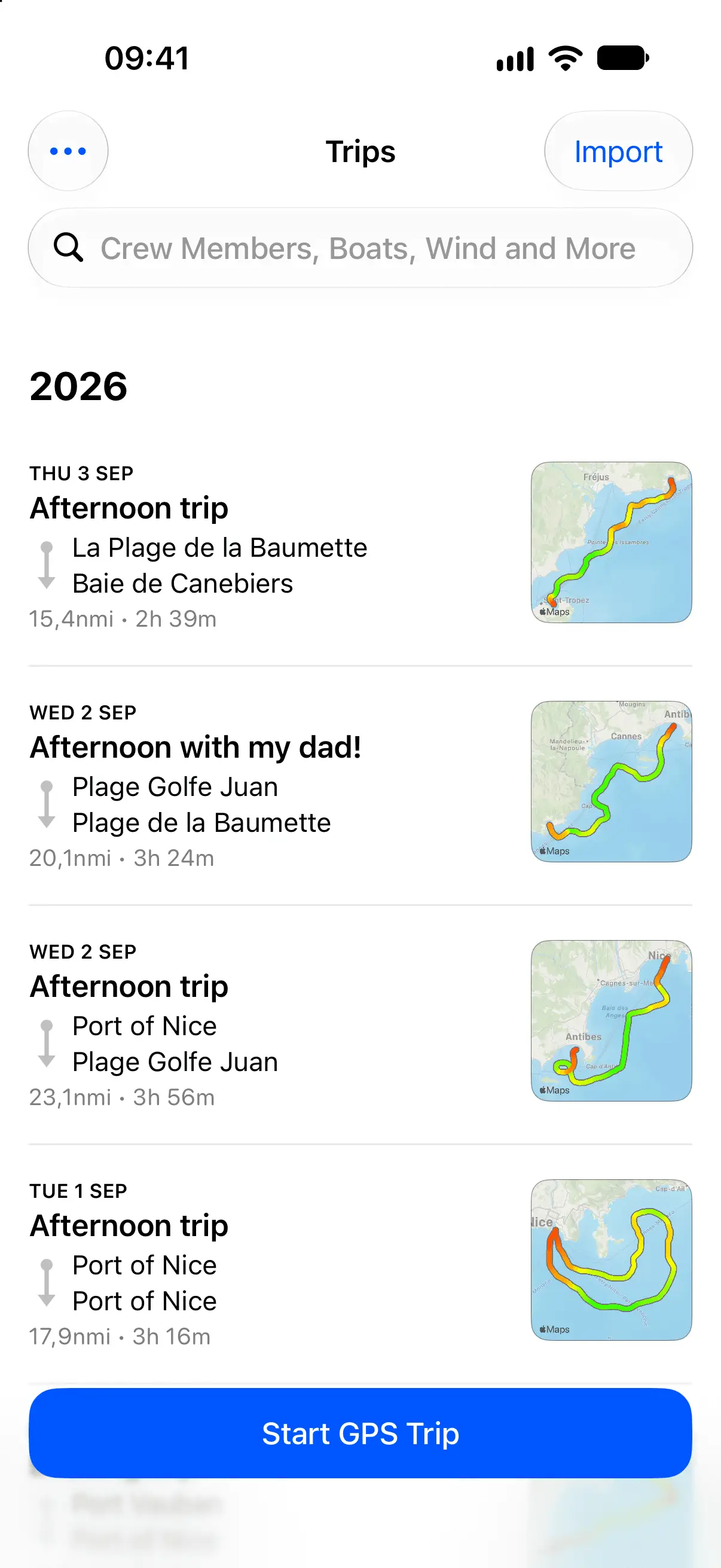 Skipper recording a live trip: GPS position, course, speed and distance