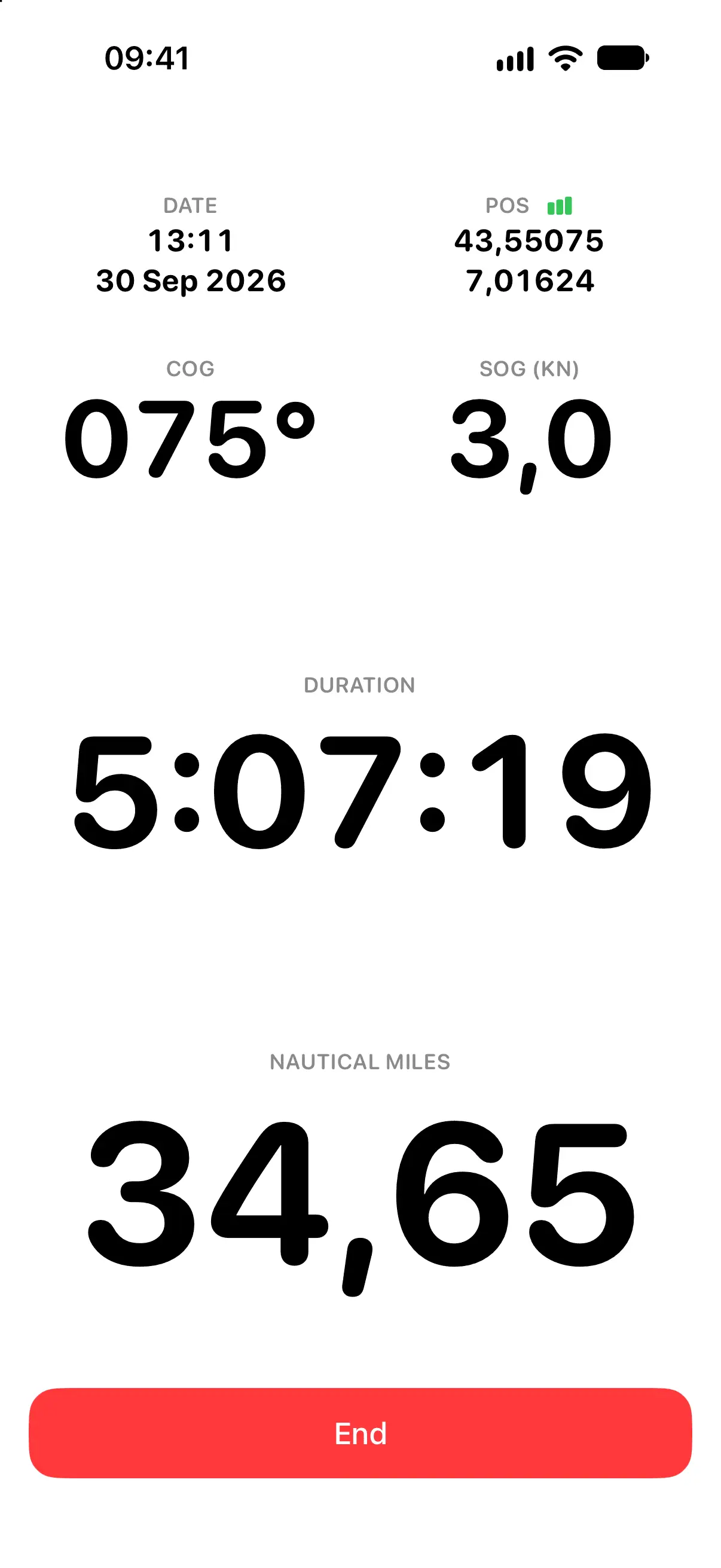 Skipper recording a trip automatically with live speed and distance