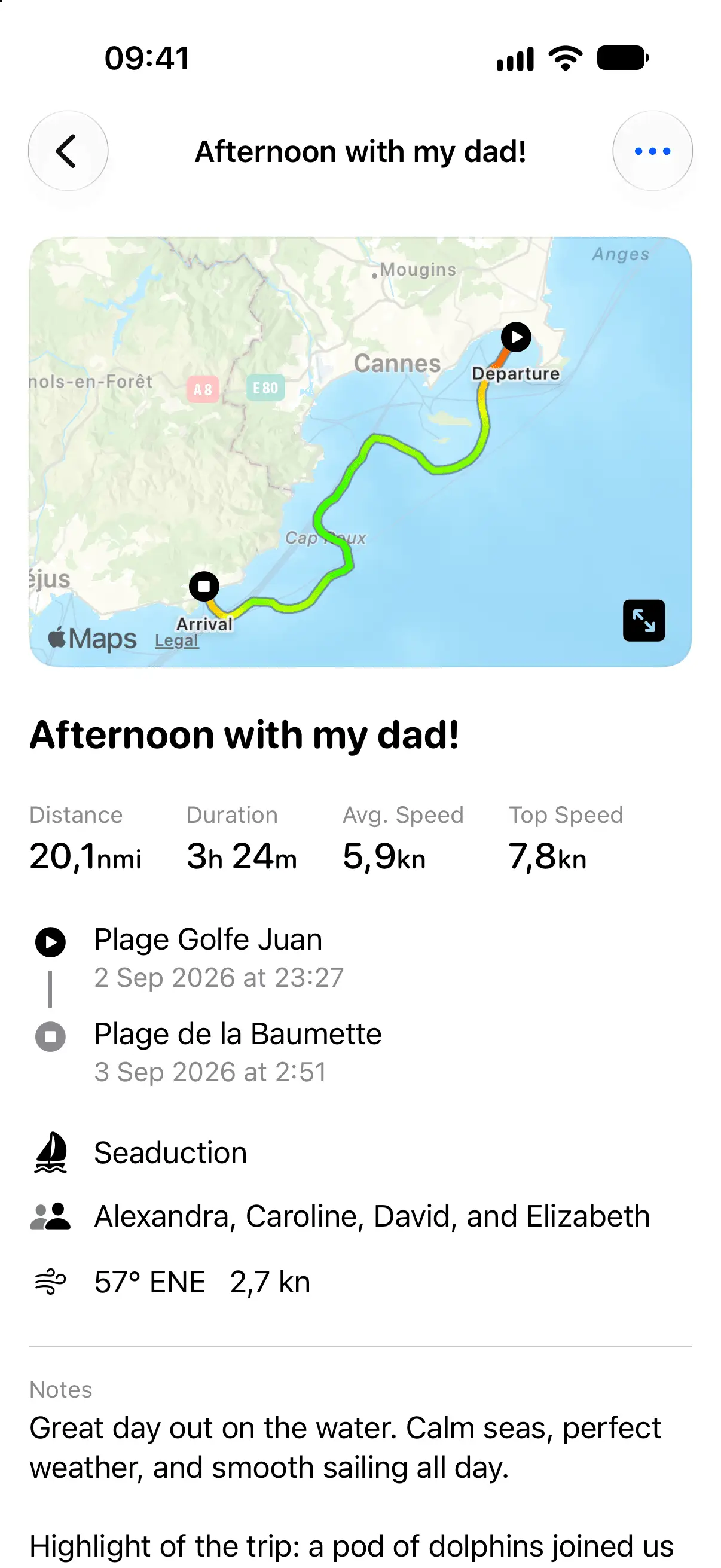 Skipper trip log with notes, weather, sea state, crew and departure and arrival places