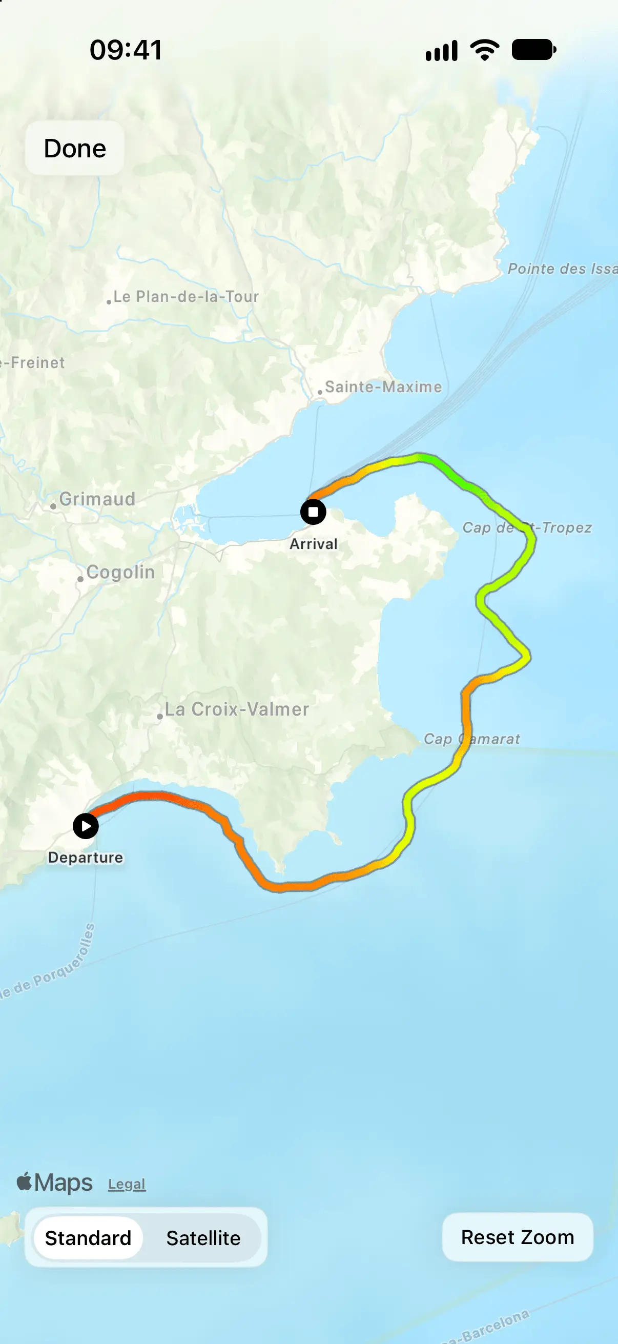Skipper map view replaying a past boat trip track with statistics