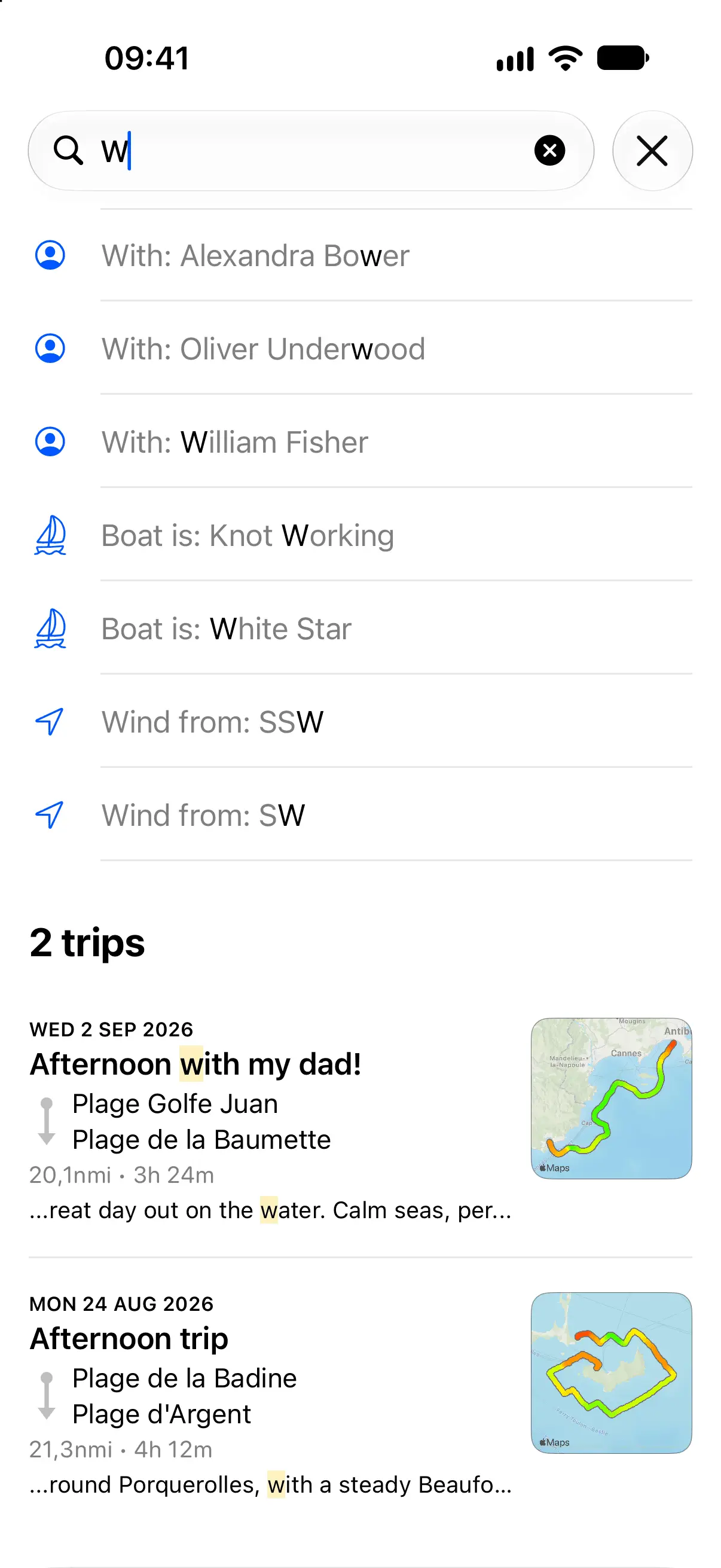 Skipper search and filter screen listing past boat trips by crew and wind